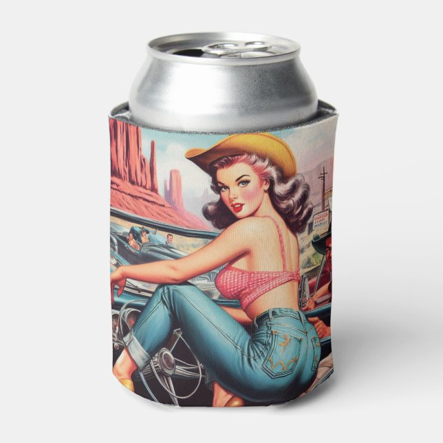 Vintage Cowgirl Pin Up Can Cooler (Can Front)