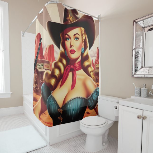Vintage Cowgirl Pin-up Shower Curtain (In Situ)