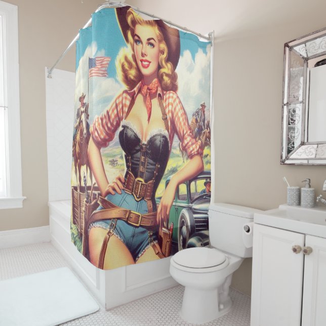 Vintage Cowgirl Pin Up Shower Curtain (In Situ)