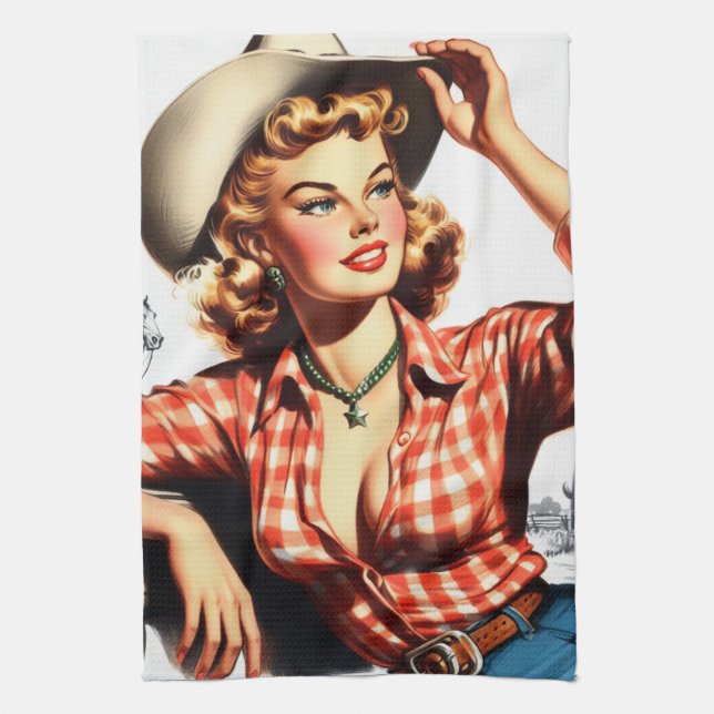 Vintage Cowgirl Pin Up Tea Towel (Vertical)