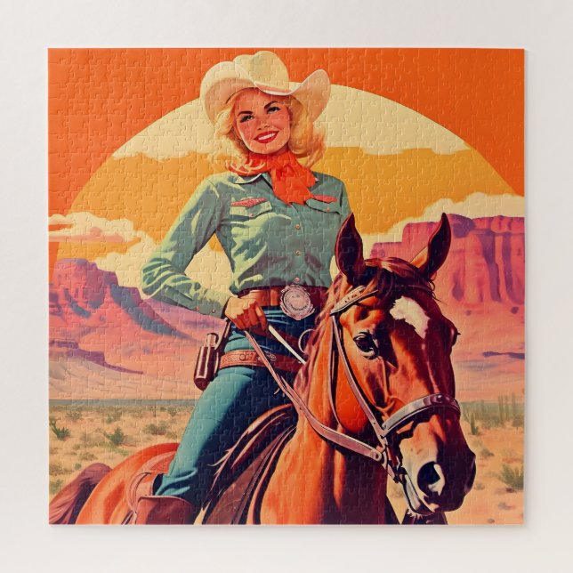 Vintage Cowgirl Riding Horse Jigsaw Puzzle (Vertical)