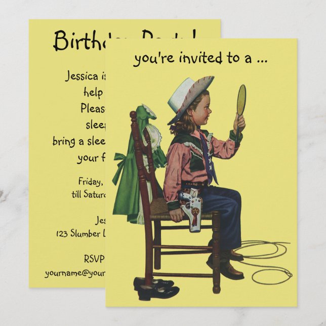Vintage Cowgirl Sleepover Girl Birthday Party Invitation (Front/Back)