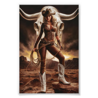 Vintage Cowgirl With Cow Skull Photo Print