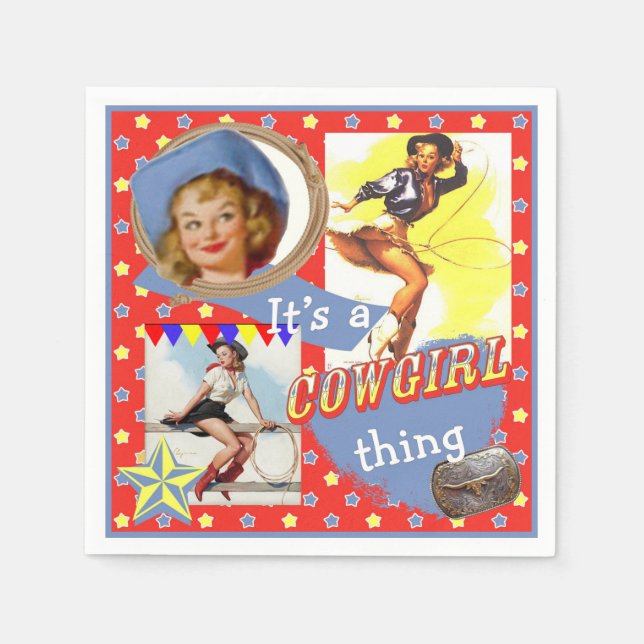 Vintage Cowgirls Roping Western Party Napkin (Front)