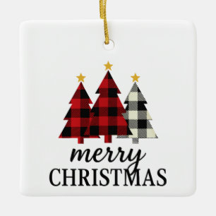 Vintage Cozy Merry Christmas Plaid Tree Seasonal Ceramic Ornament