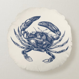 Vintage Crab Illustration Navy Blue on Cream Round Cushion