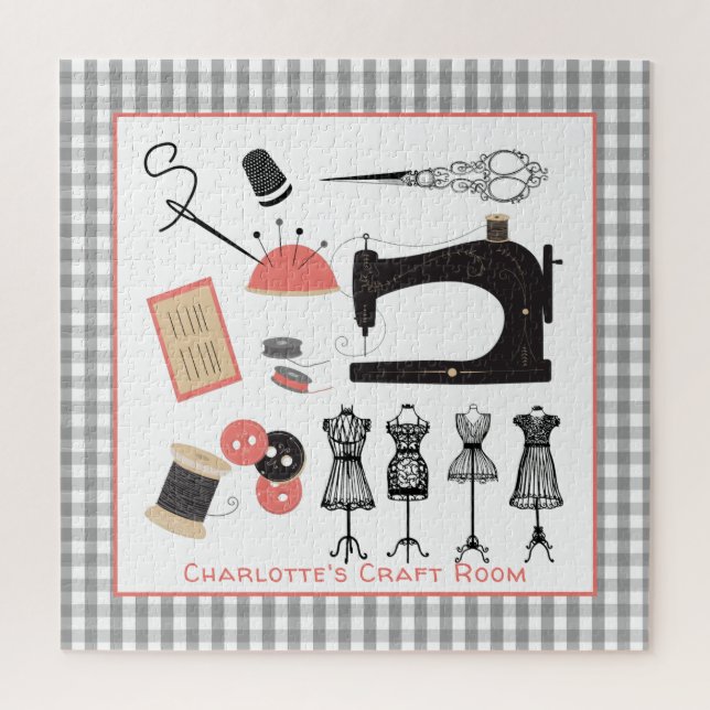 Vintage Crafty Sewing Theme Design Personalised Jigsaw Puzzle (Vertical)