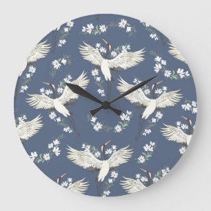 Vintage Crane: Flying Bird Pattern Large Clock