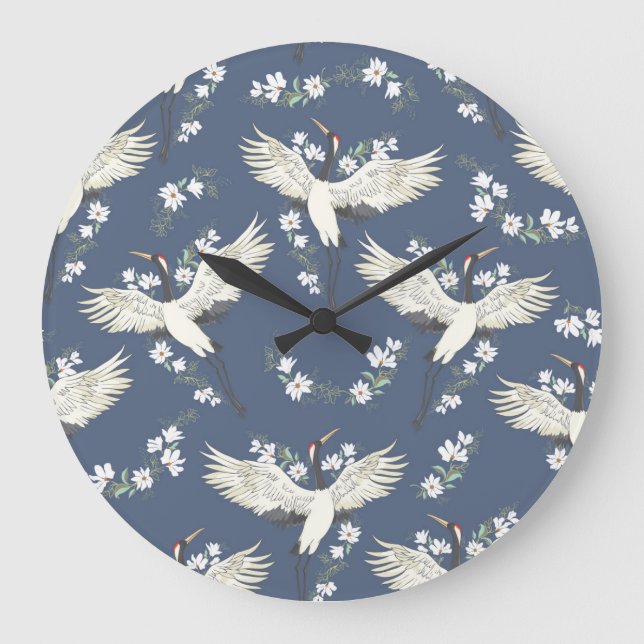 Vintage Crane: Flying Bird Pattern Large Clock (Front)