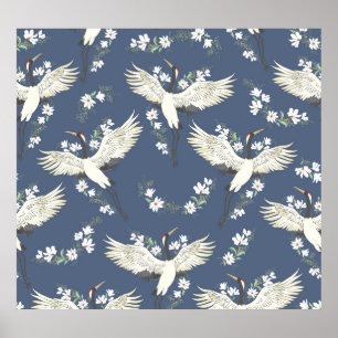 Vintage Crane: Flying Bird Pattern Poster