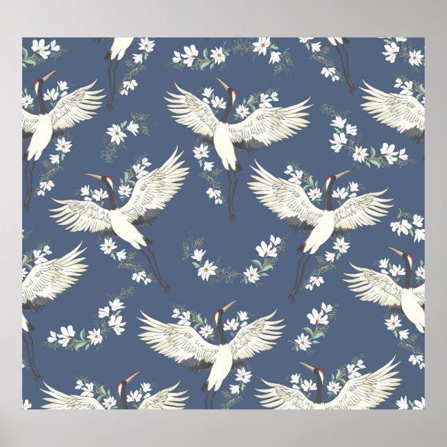 Vintage Crane: Flying Bird Pattern Poster (Front)