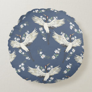 Vintage Crane: Flying Bird Pattern Round Cushion