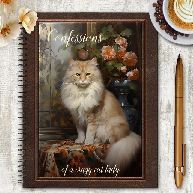 Vintage Crazy Cat Lady Diary Notebook (Notebook featuring a vintage painting of a long haired cat with roses. Crazy cat lady diary)