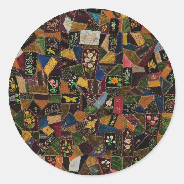 Vintage Crazy Quilt Classic Round Sticker (Front)