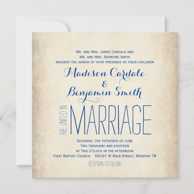 Vintage Cream and Blue Rustic Wedding Invitations (Front)