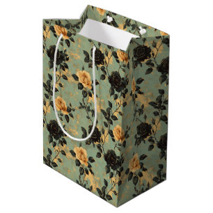 Vintage Cream & Black Roses on Sage Green Floral Medium Gift Bag