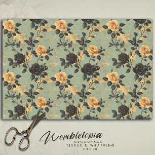 Vintage Cream & Black Roses on Sage Green Floral Tissue Paper