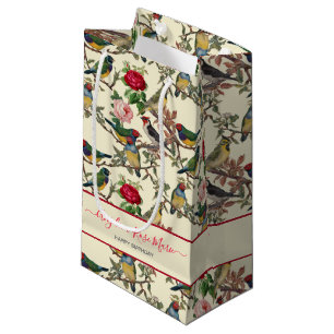 Vintage Cream Blue Victorian Floral Birds Small Gift Bag