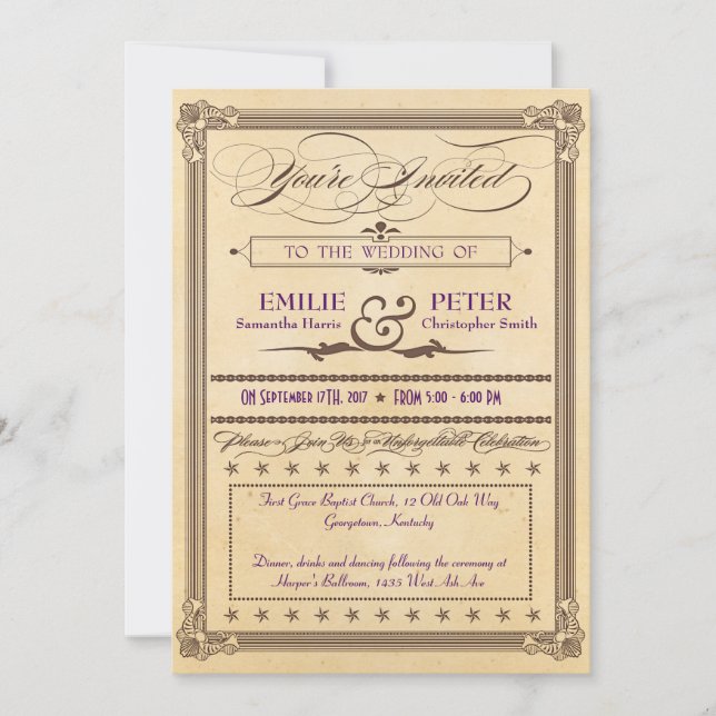 Vintage Cream & Brown Poster Wedding Invitation (Front)