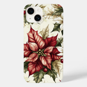 Vintage Cream Crimson Poinsettia Holly Christmas Case-Mate iPhone 14 Case
