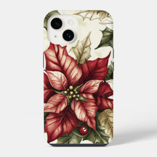 Vintage Cream Crimson Poinsettia Holly Christmas iPhone 14 Case