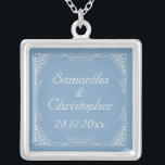 Vintage Cream Floral Frame on Dusk Blue Wedding Silver Plated Necklace<br><div class="desc">A vintage style design for your upcoming nuptials featuring a cream floral swirl frame on a dusk blue background. The text is fully customisable for your own special occasion. This elegant design coordinates with the Vintage Cream Floral Frame on Dusk Blue Wedding Collection. If you need assistance with the customisation...</div>