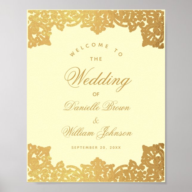 Vintage Cream & Gold Antique Wedding Welcome Sign (Front)