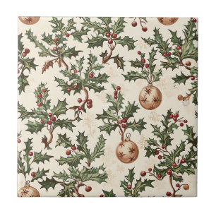Vintage Cream Holly Berry Gold Bauble Christmas Tile