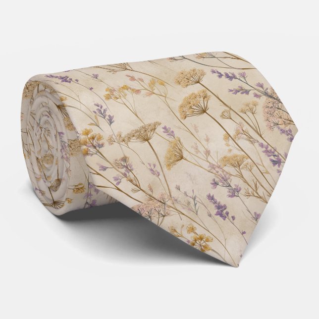 Vintage Cream & Lavender Wildflower Wedding Tie (Rolled)