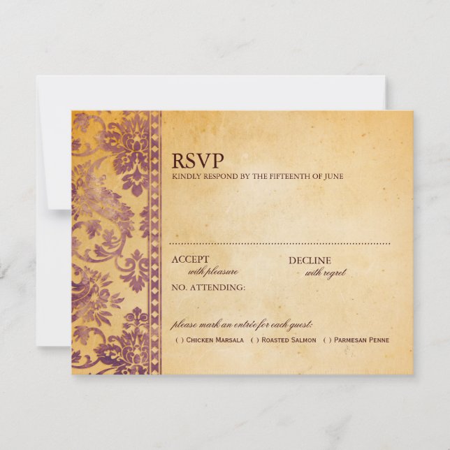 Vintage Cream & Lilac Damask Wedding RSVP (Front)