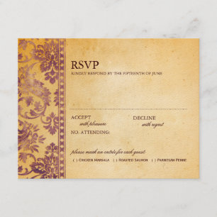 Vintage Cream & Lilac Damask Wedding RSVP Card