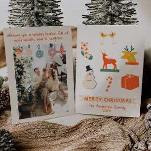 Vintage Cream Red Illustrated Christmas Retro Fun Holiday Card