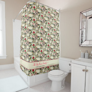 Vintage Cream Red Victorian Floral Birds Retro Shower Curtain