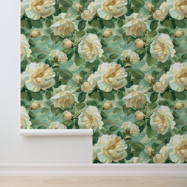 Vintage creamy roses & green petals romantic style wallpaper (Application)