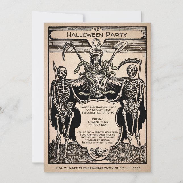 Vintage Creepy Customisable Skeleton Invitation (Front)