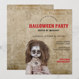 Vintage Creepy Doll Halloween Costume Party Invitation