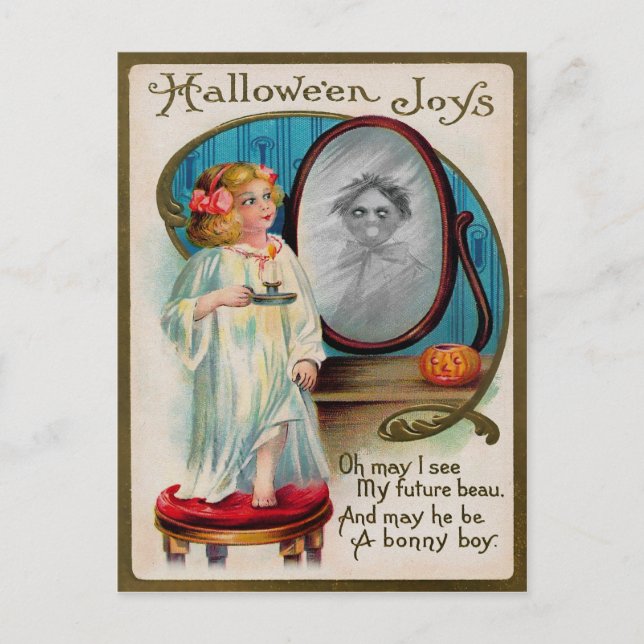 Vintage Creepy Halloween Mirror Postcard (Front)