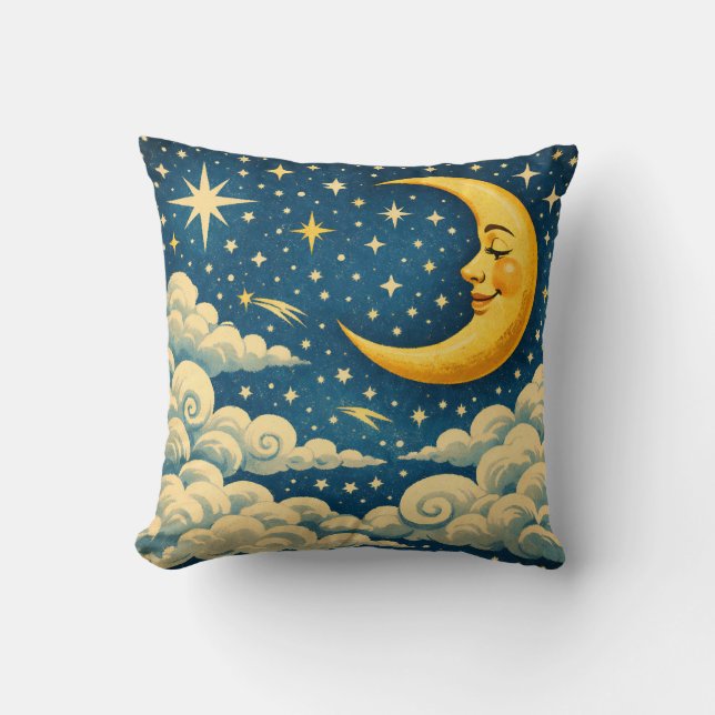 Vintage Crescent Moon Night Sky Cushion (Front)