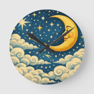 Vintage Crescent Moon Night Sky Round Clock