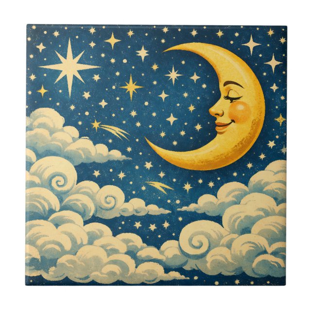 Vintage Crescent Moon Night Sky Tile (Front)