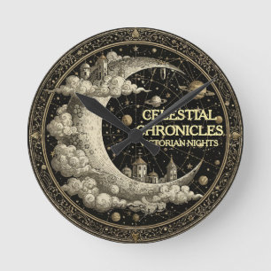 Vintage Crescent Moon with Clouds (NO NUMBERS) Round Clock