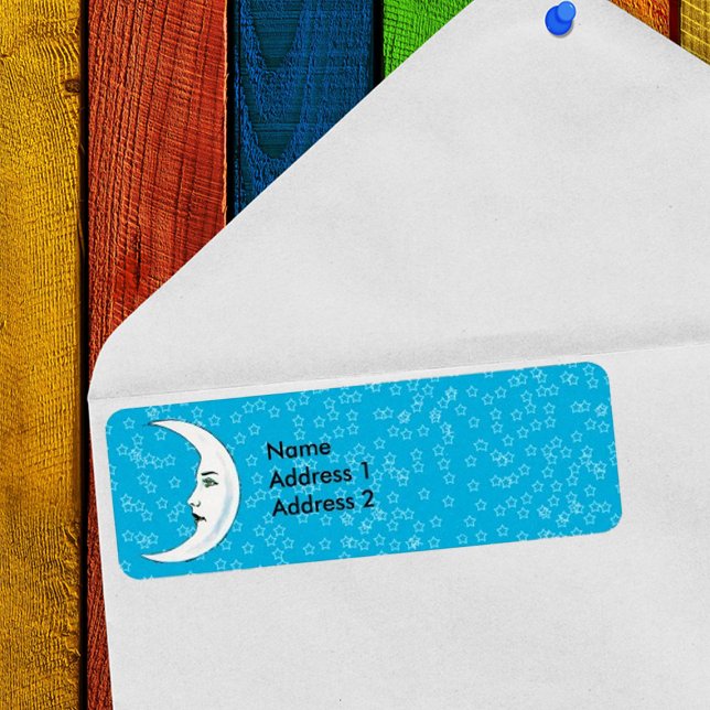 Vintage Crescent White Moon Face White Stars (Crescent moon with face and white open stars on blue background on return address label.)