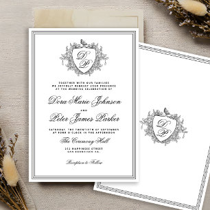 Vintage crest black and white monogram wedding invitation