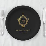 Vintage Crest Black Gold Elegant Man 70th Birthday Paper Plate<br><div class="desc">An elegant black and gold design with the age in a vintage crest, appropriate for a man's birthday. The crest is faux gold foil, the background is black. Under the crest, in small caps, there are the name and occasion in golden letters and the date. The vintage floral crest from...</div>