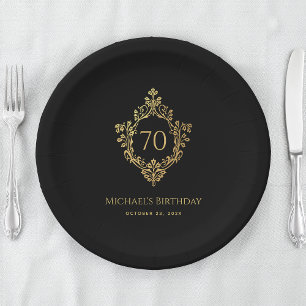 Vintage Crest Black Gold Elegant Man 70th Birthday Paper Plate