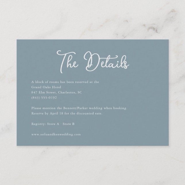 Vintage Crest Calligraphy Blue Wedding Details Enclosure Card (Front)