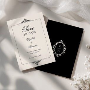 Vintage Crest Cream Black Frame Old Money Wedding Save The Date
