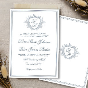 Vintage crest dusty blue monogram wedding invitation