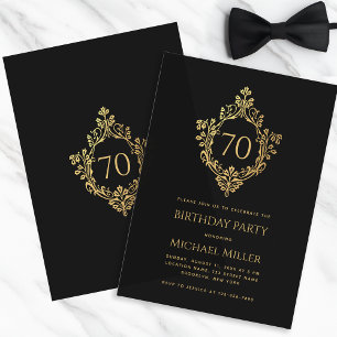 Vintage Crest Elegant Black Gold Man 70th Birthday Invitation