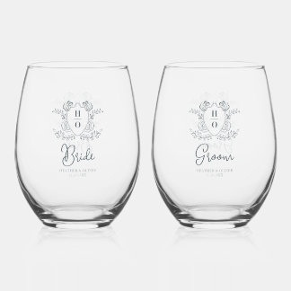 Vintage Crest Floral Partners Wedding Stemless Wine Glass